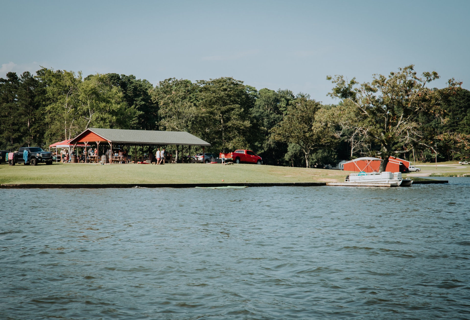Lakeside pavilion and dock viewed from the water
