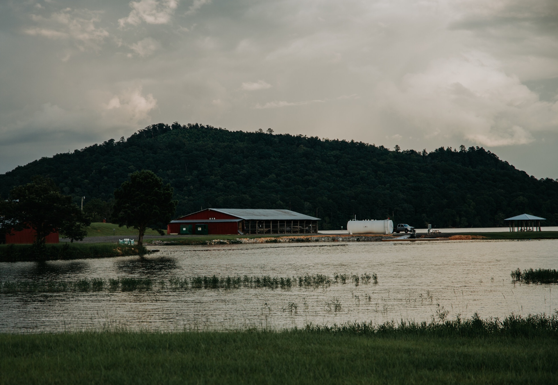 Marina boat barn across the lake