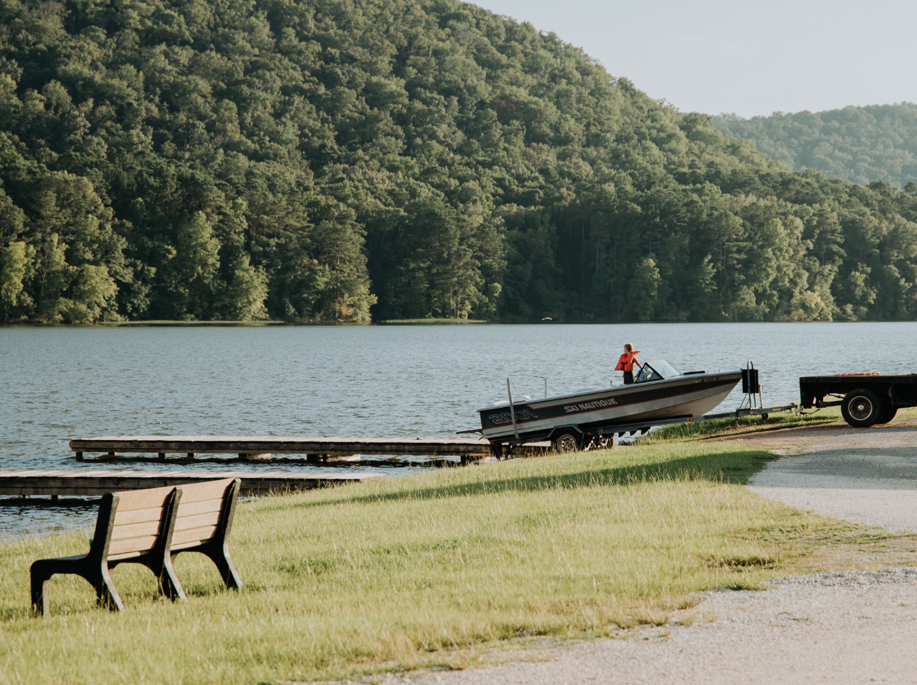 Ski boat launching from the ramp on a calm morning