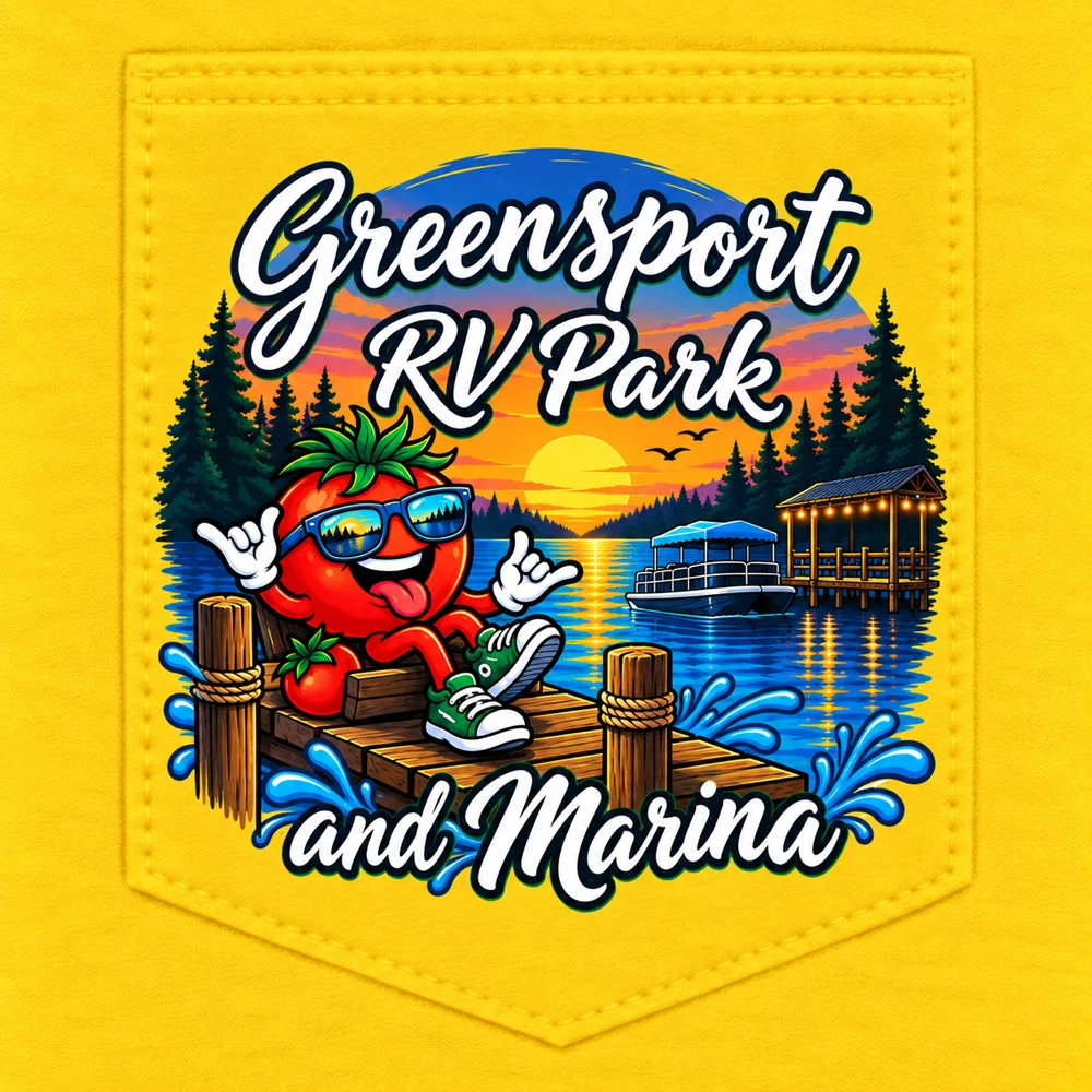 Tomatina Signature Shirt front pocket design with a tomato mascot at Greensport RV Park and Marina
